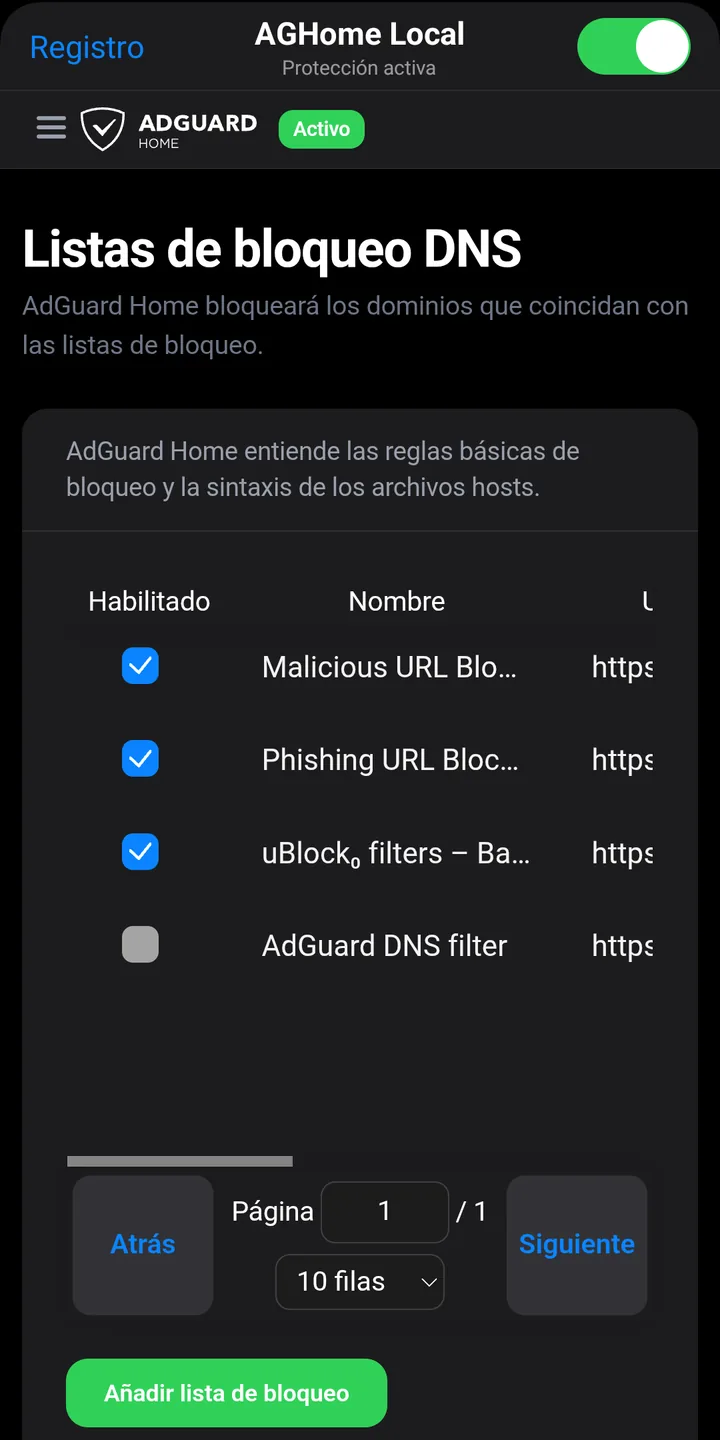 Listas de bloqueo DNS: tres listas de seguridad activadas