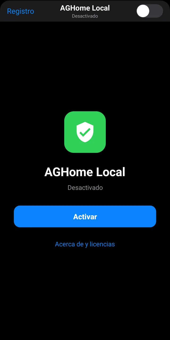 Pantalla inicial de AGHome Local con el botón Activar