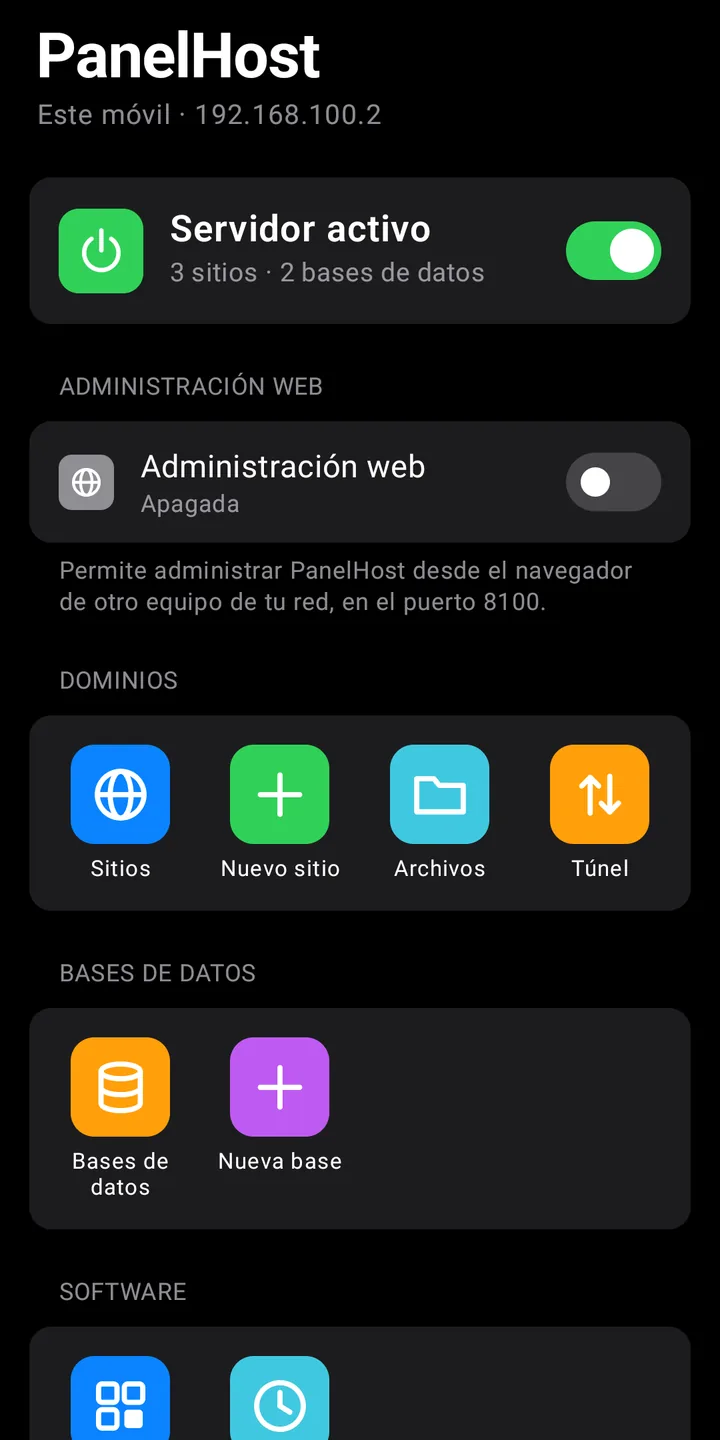 Pantalla de inicio de PanelHost con el servidor activo, tres sitios y dos bases de datos