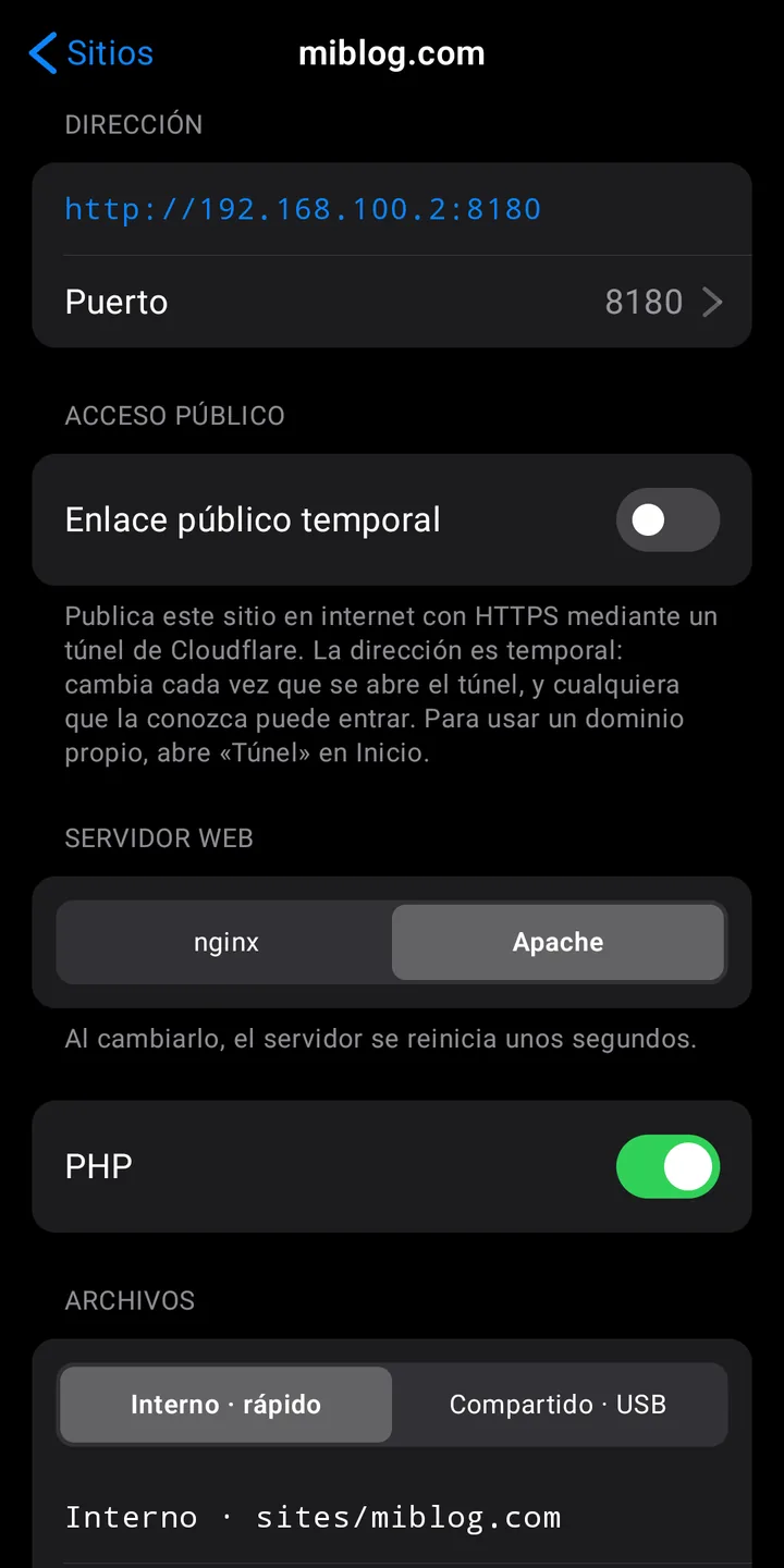 Ficha de un sitio con su dirección, enlace público y servidor web