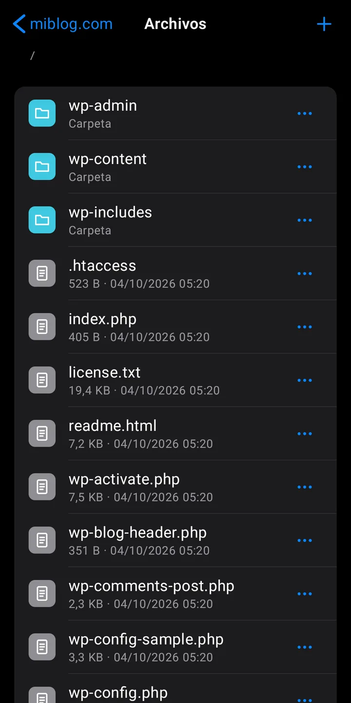 Gestor de archivos mostrando las carpetas de un sitio WordPress