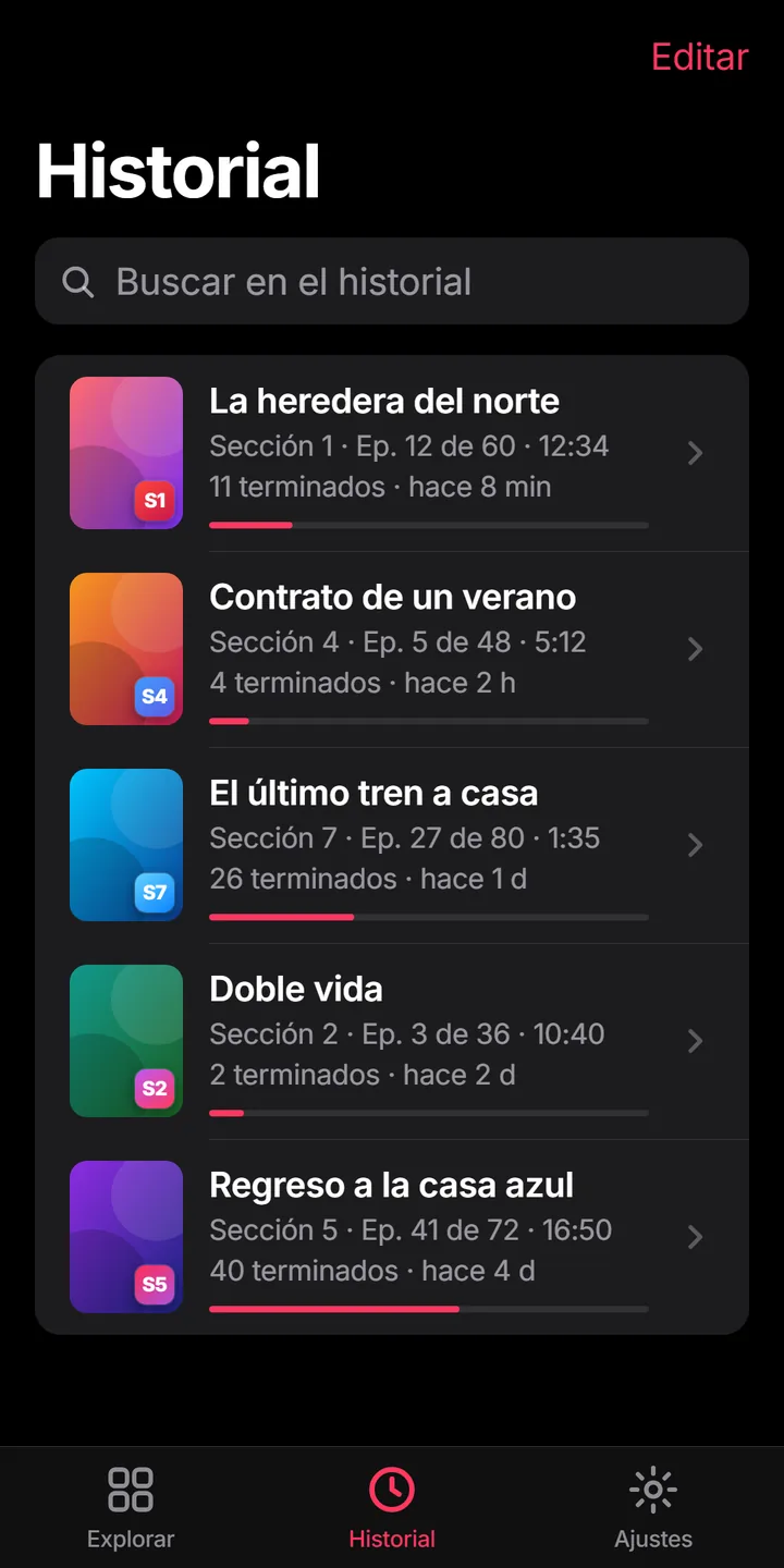 Historial de MiniDrama ES con cinco series de ejemplo, su episodio y su minuto