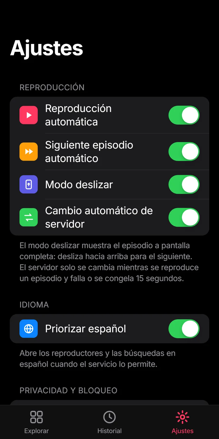 Pestaña Ajustes con las opciones de reproducción e idioma