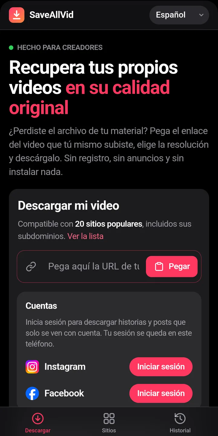 Pantalla principal de SaveAllVid con el campo para pegar el enlace del video